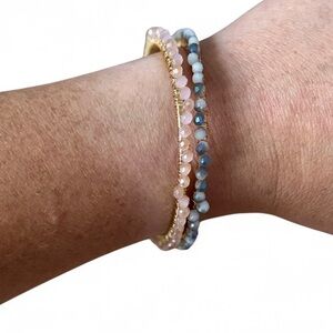 Set of 2 Vintage Pink and Blue 8” Gold Wire Wrapped Crystal Beaded Bangles